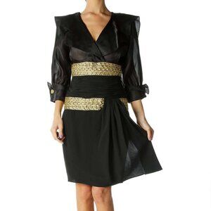 Liancarlo Black & Gold Puff Sleeve Evening Gown
